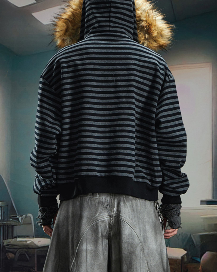 Striped Faux Fur Hooded Jacket