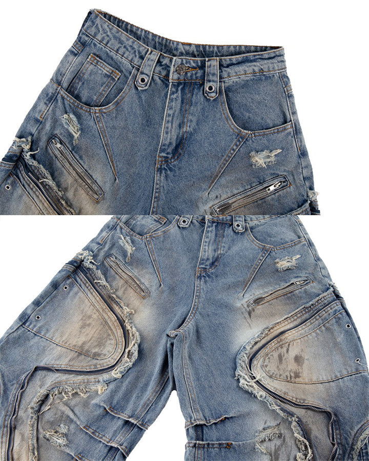 Dark Wavy Zipper Deconstructed Wide Denim Pants New