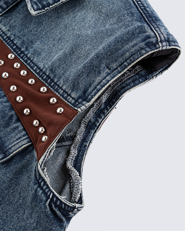 Leather Patch Studded Denim Vest
