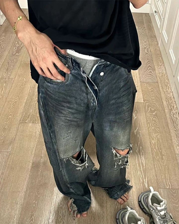 Grunge Distressed Raw Hem Wide Denim Pants New