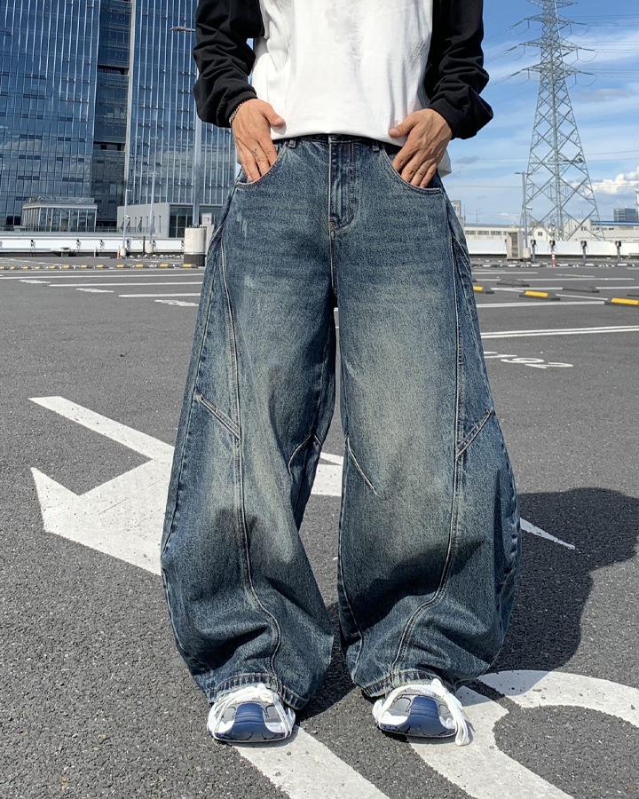 Retro Curved Blade Wide-Leg Denim Pants