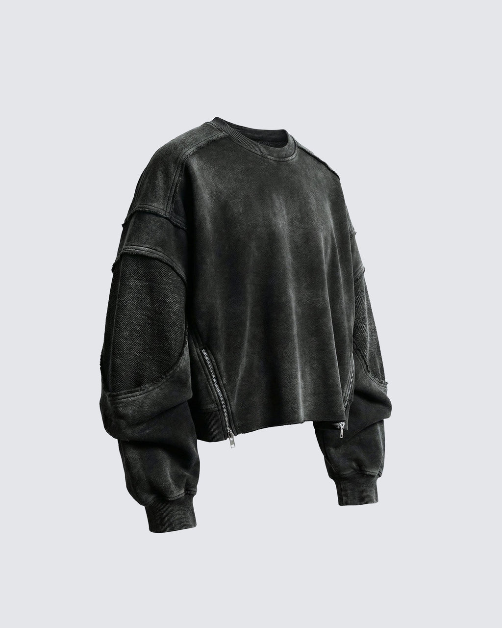 LOW SATURATION-Washed Zip Detail Cropped Sweatshirt