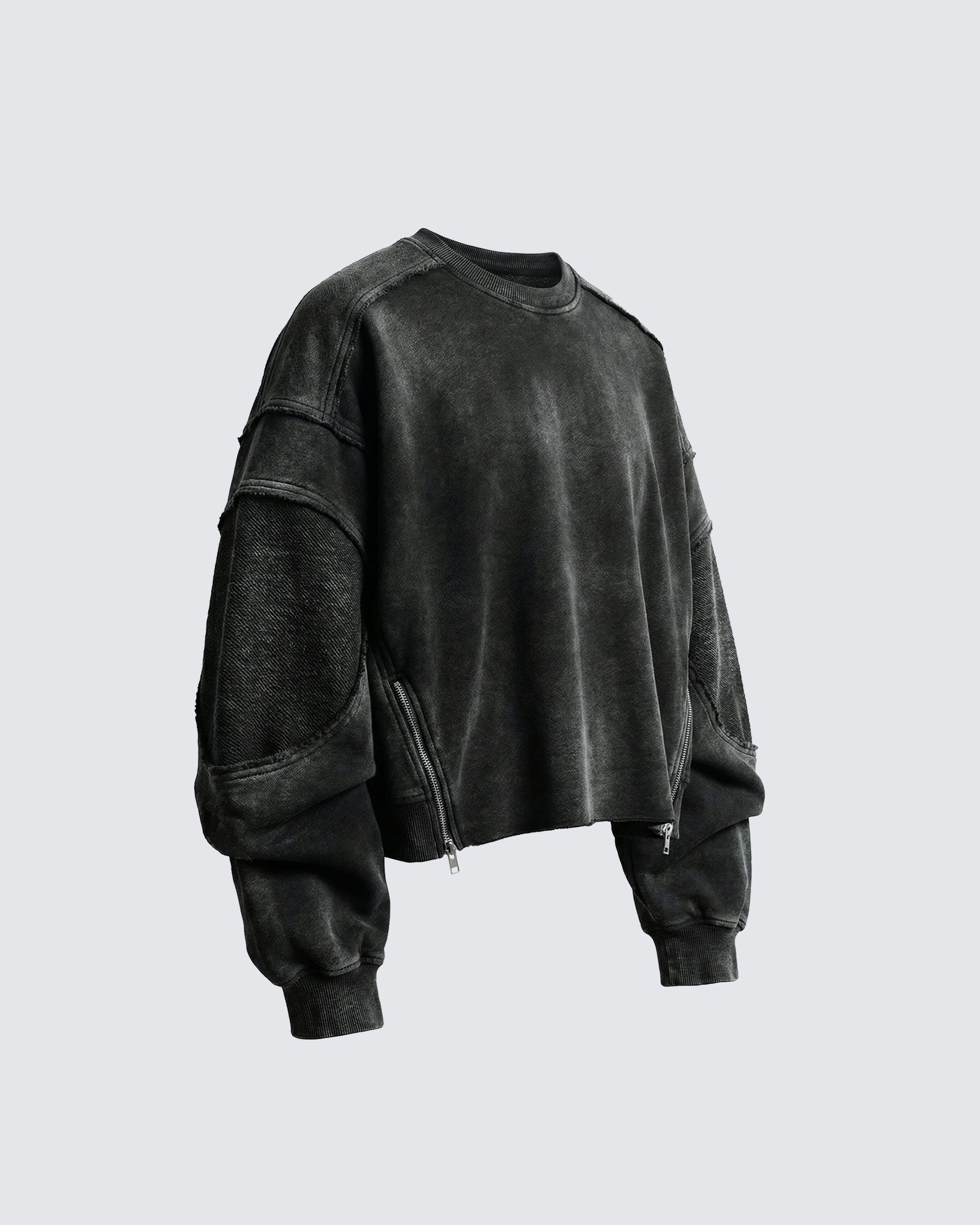 LOW SATURATION-Washed Zip Detail Cropped Sweatshirt