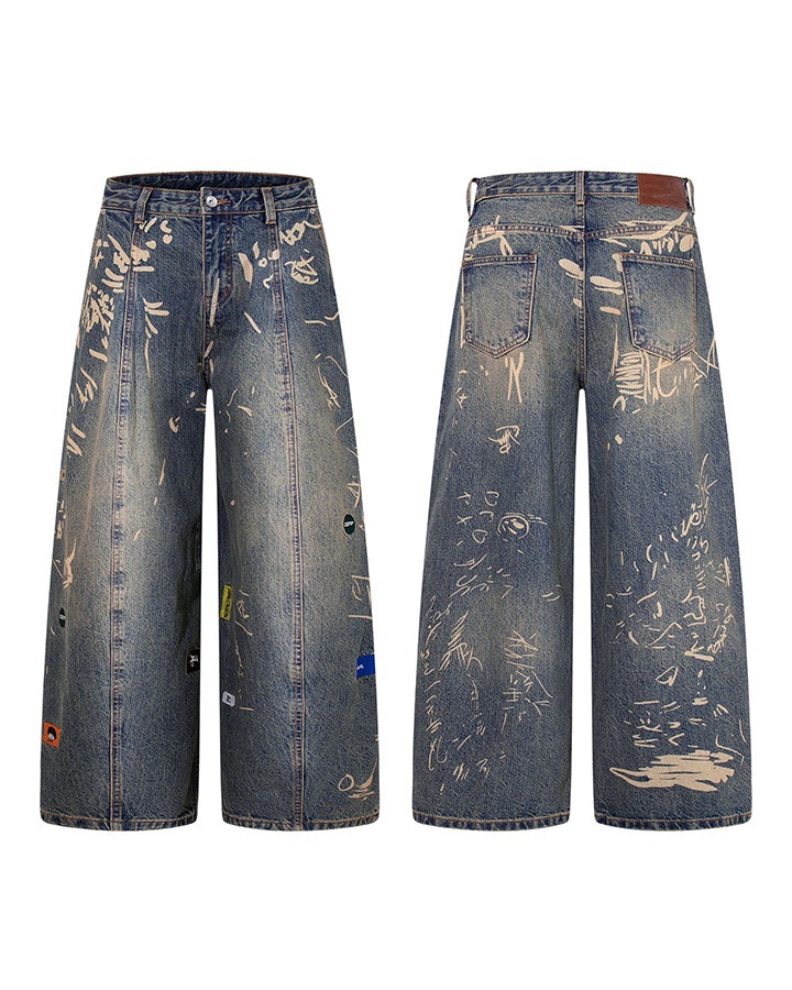 Vintage Graffiti Print Wide Leg Denim Pants New