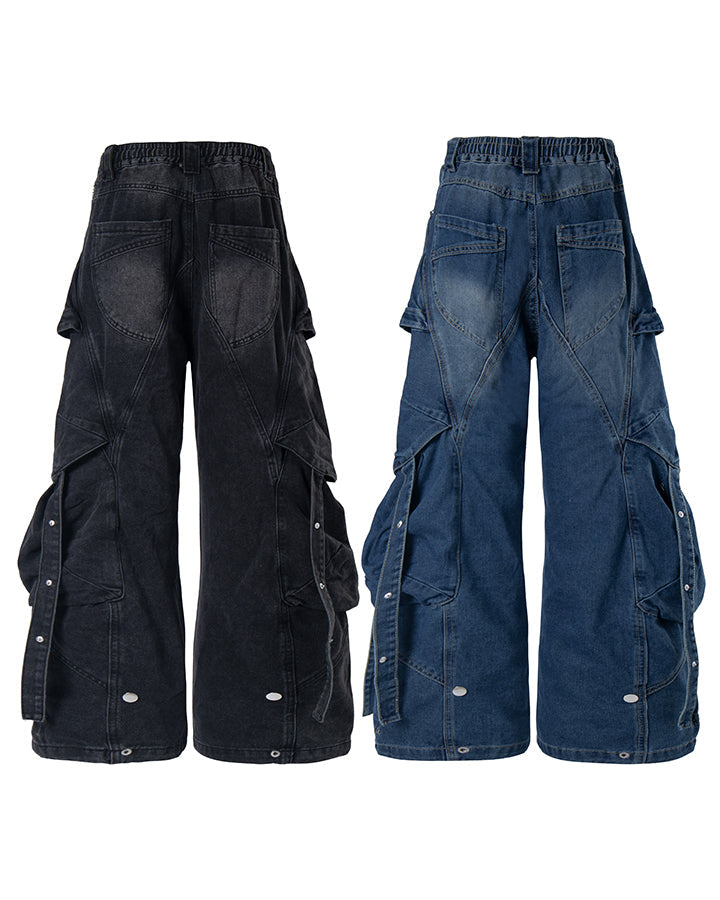 New Dark Washed Utility Strap Wide Leg Jeans