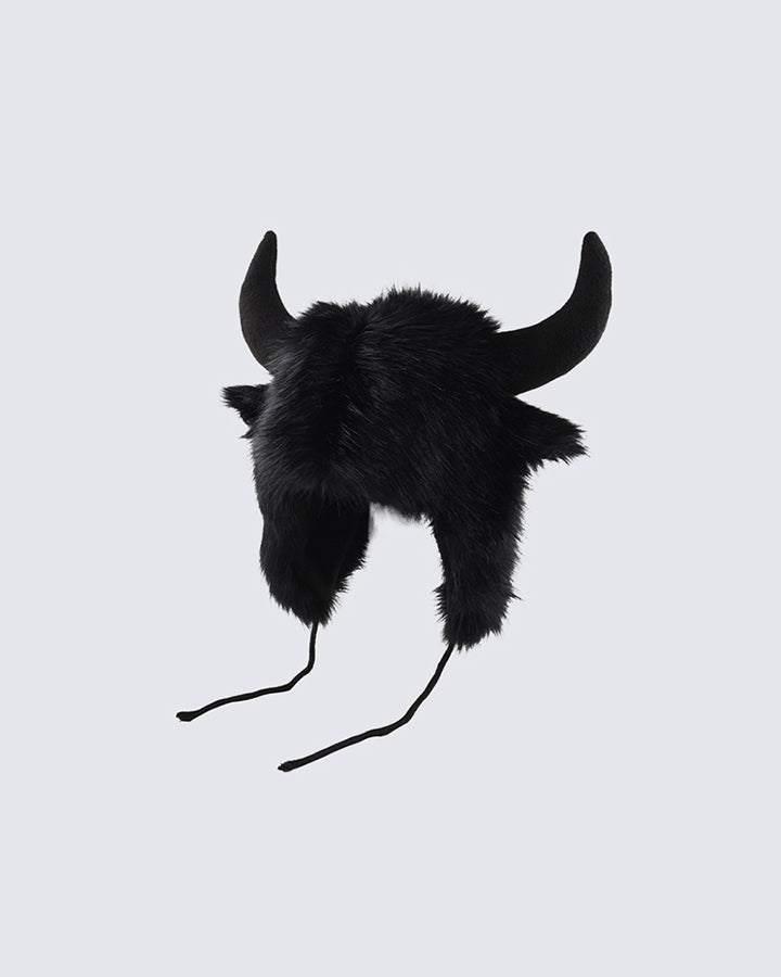 Black Horn Faux Fur Trapper Hat