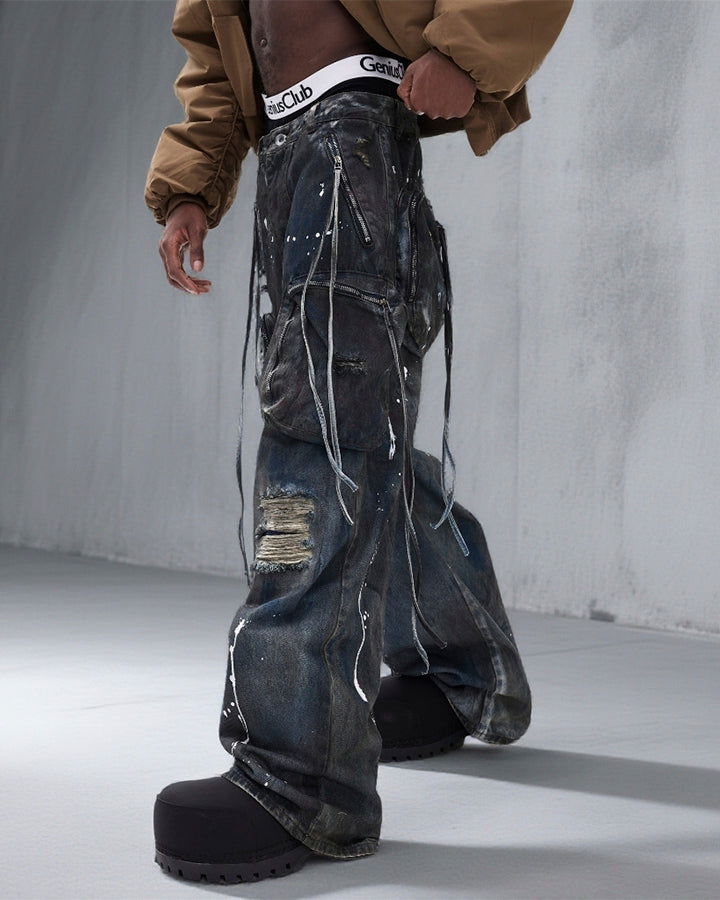 Paint Splatter Cargo Wide Leg Denim Pants
