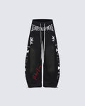 Black Gothic Letter Print Wide-Leg Sweatpants