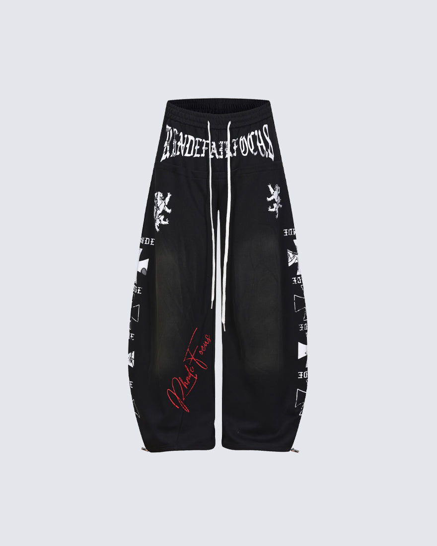 Black Gothic Letter Print Wide-Leg Sweatpants