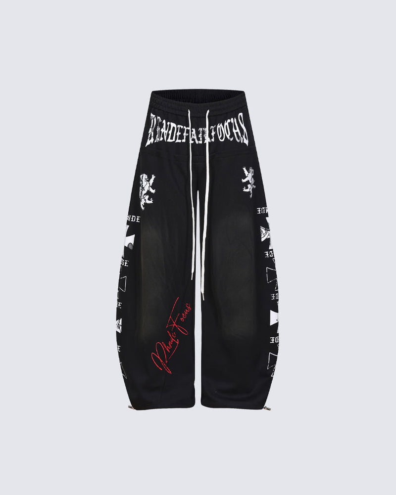 Black Gothic Letter Print Wide-Leg Sweatpants