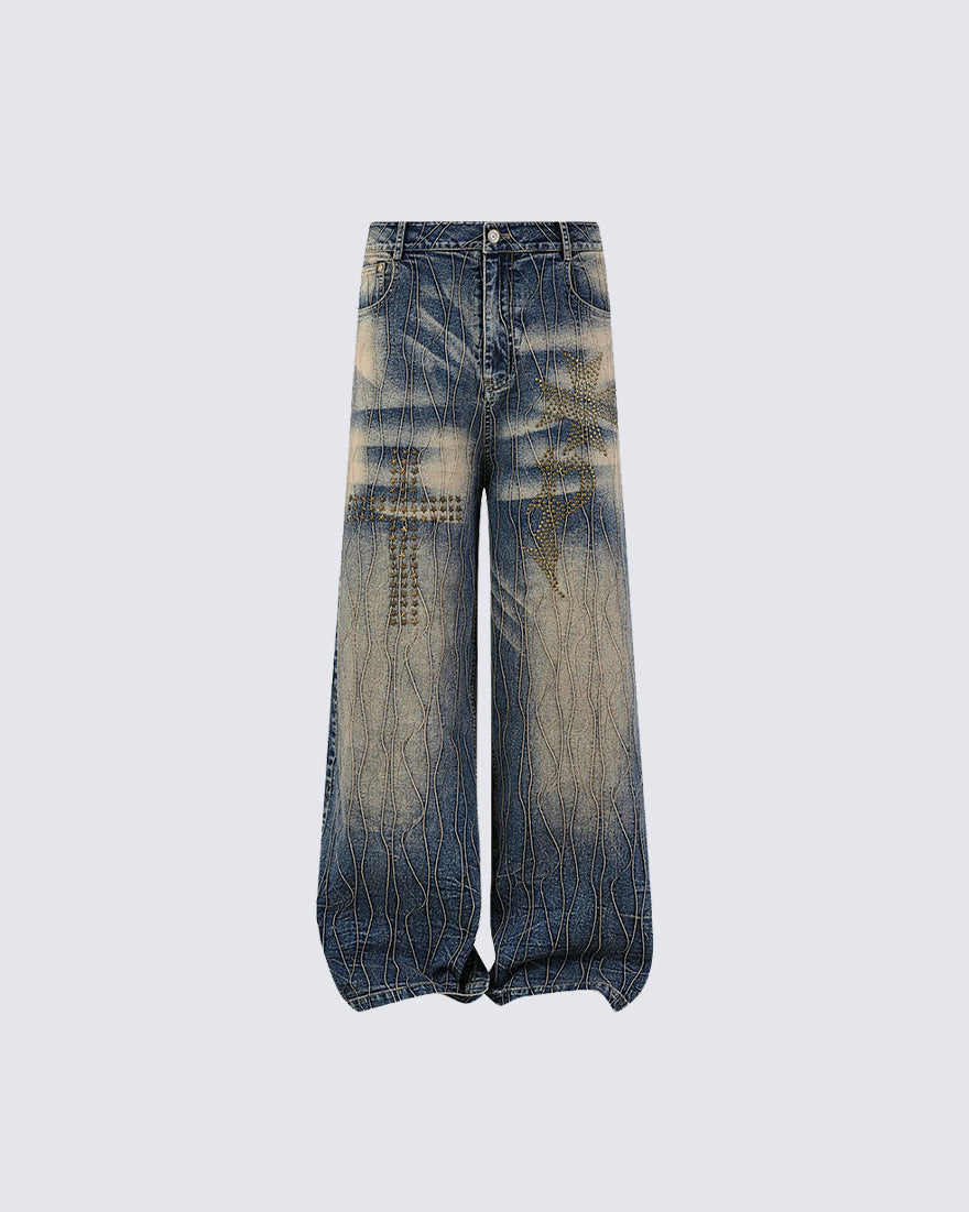 New Vintage Y2K Washed Cross Star Rhinestone Jeans