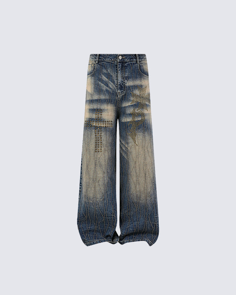 New Vintage Y2K Washed Cross Star Rhinestone Jeans