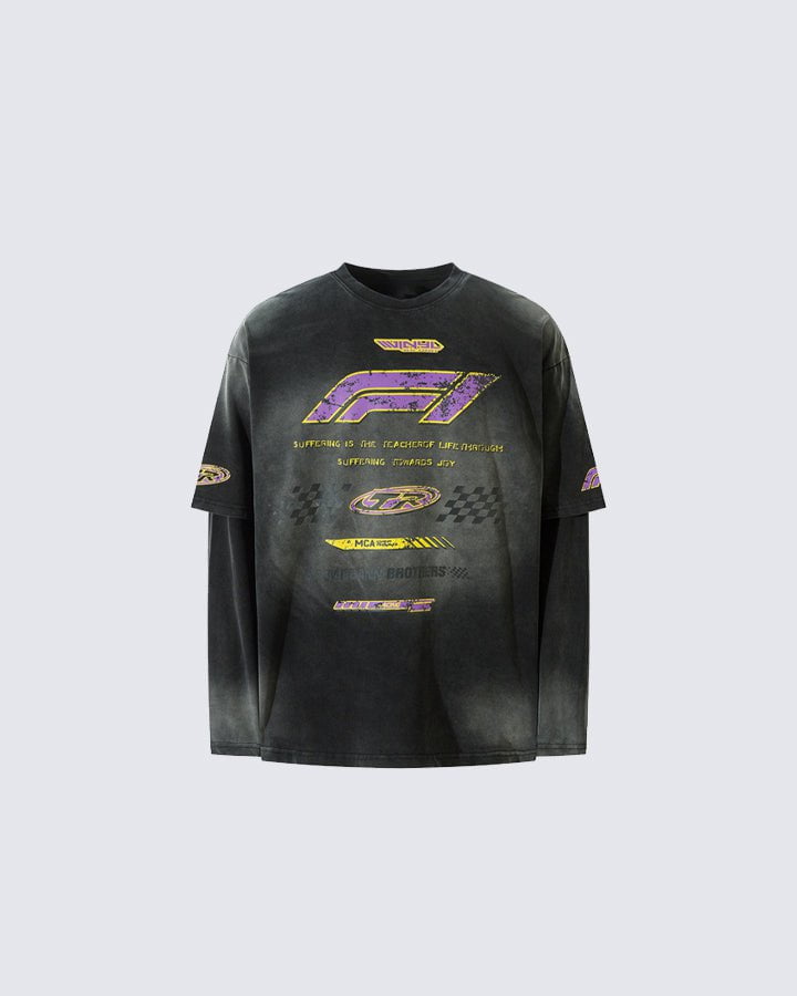 Racing Style Fake Two-Piece Long-Sleeved T-Shirt