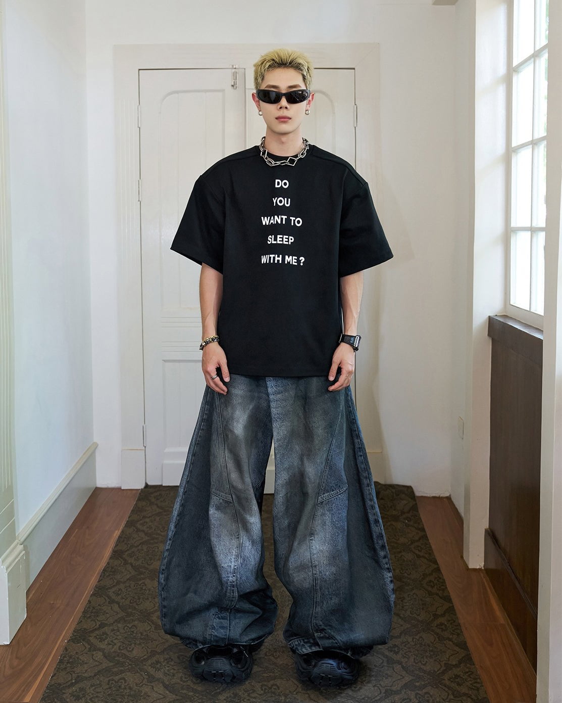 Washed Reverse-Waist Wide-Leg Jeans
