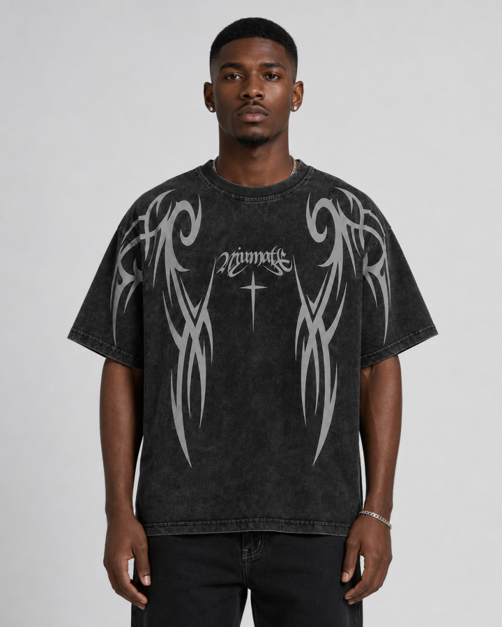 Retro Distressed Washed Design Printed Short-Sleeved T-Shirt