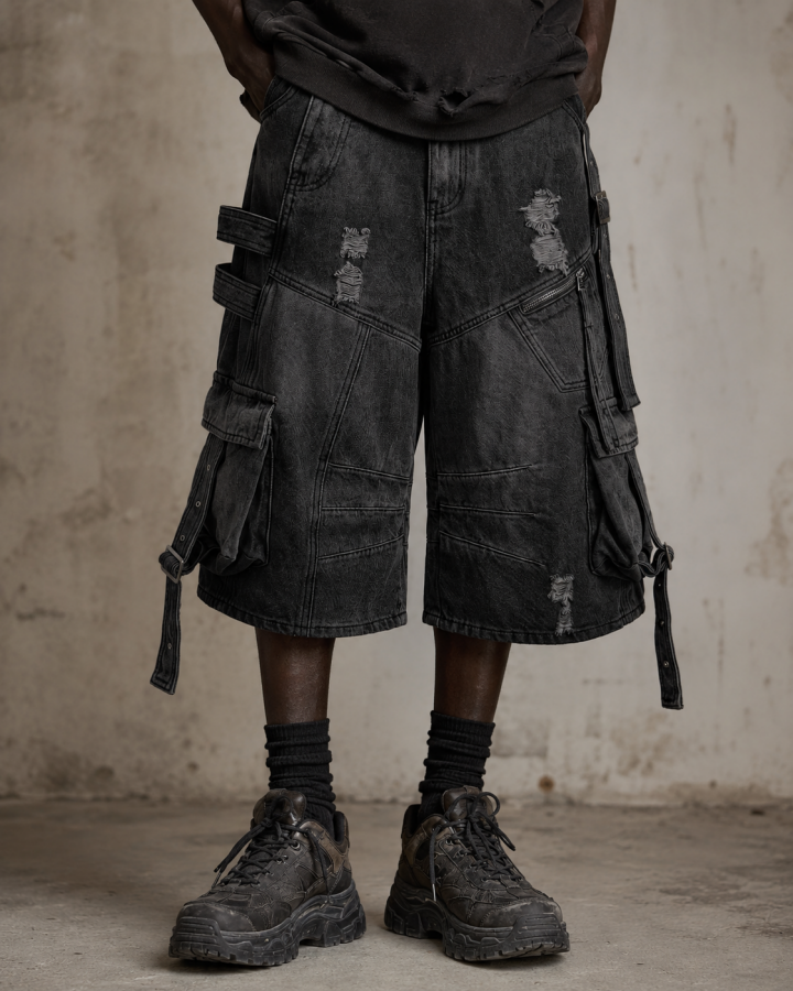 Dark Distressed Street Style Workwear Capri Pants