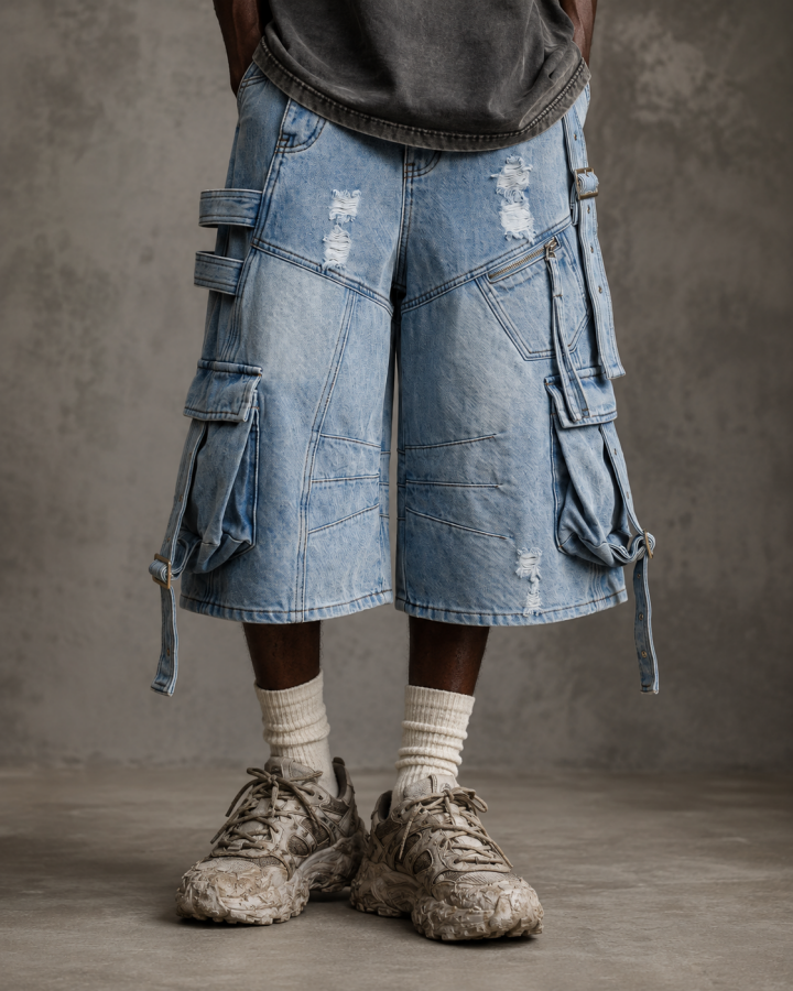 Dark Distressed Street Style Workwear Capri Pants