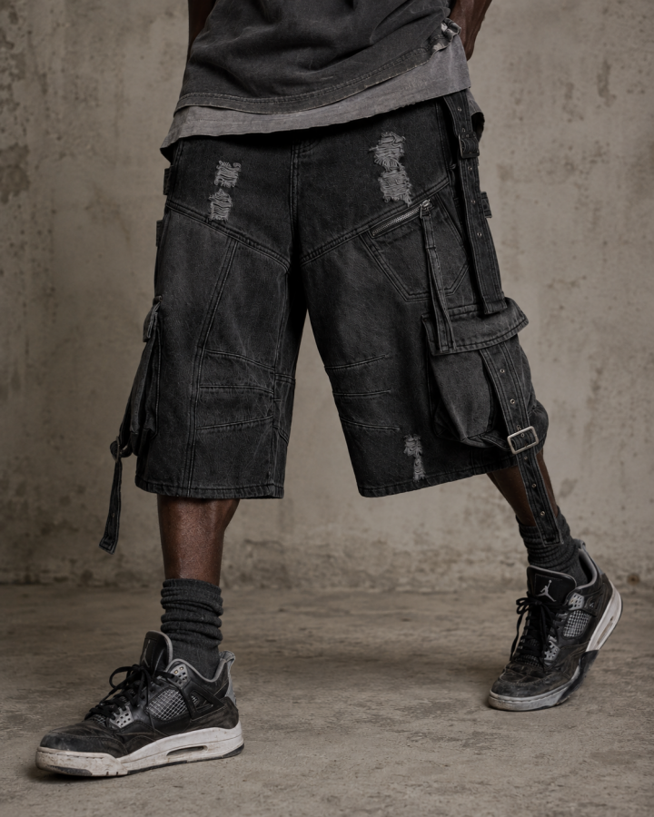 Dark Distressed Street Style Workwear Capri Pants