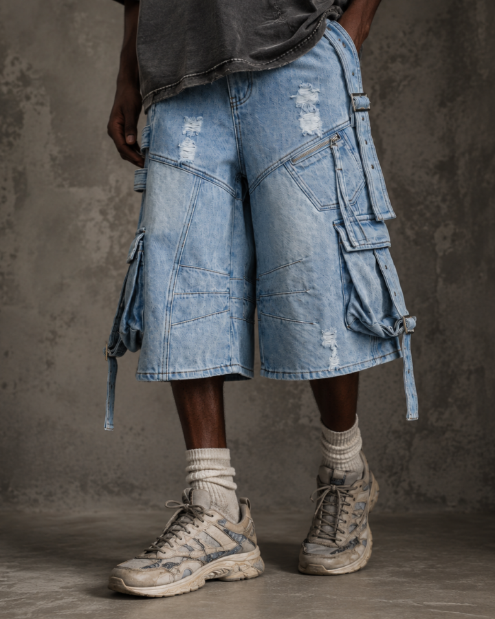 Dark Distressed Street Style Workwear Capri Pants