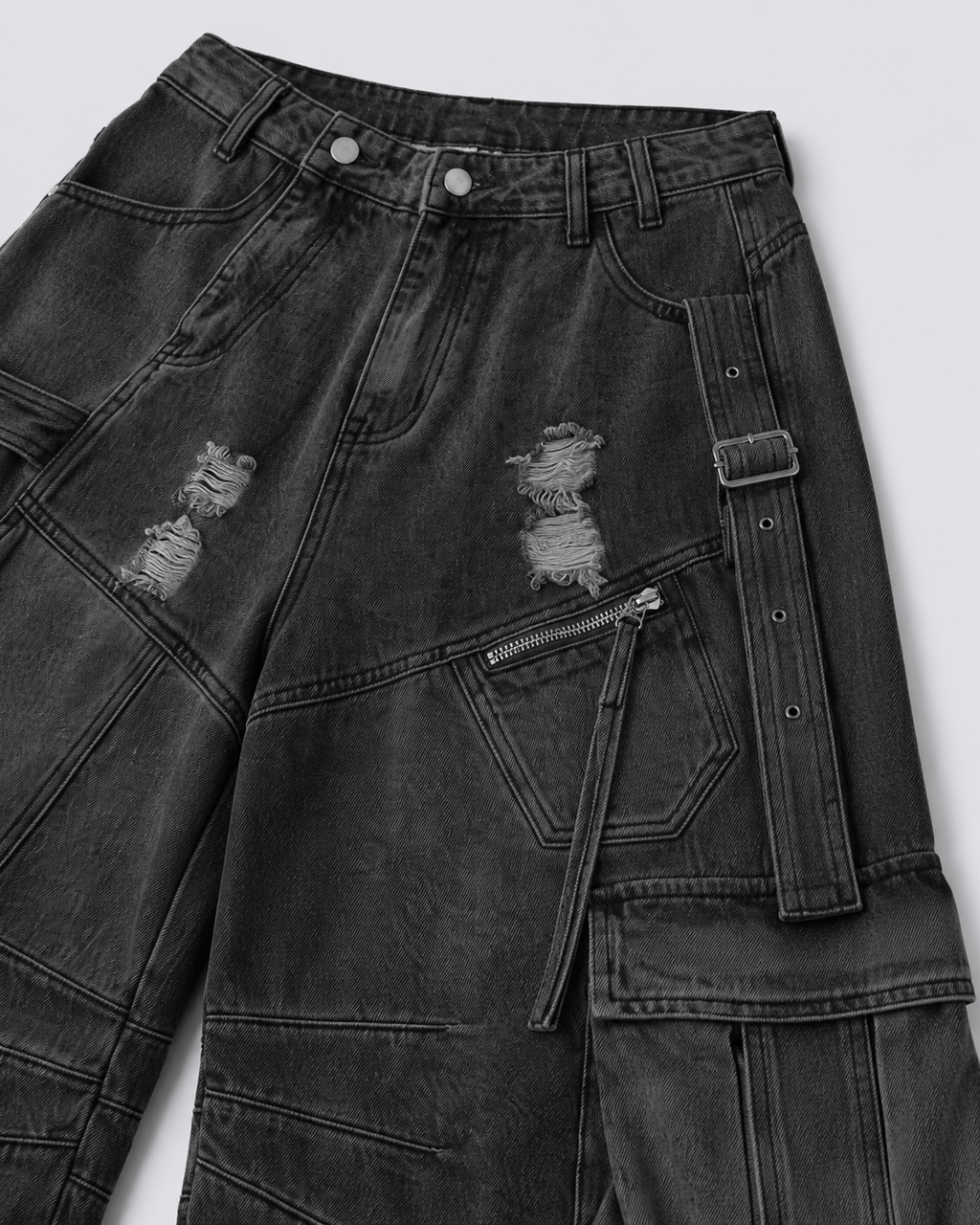 Dark Distressed Street Style Workwear Capri Pants