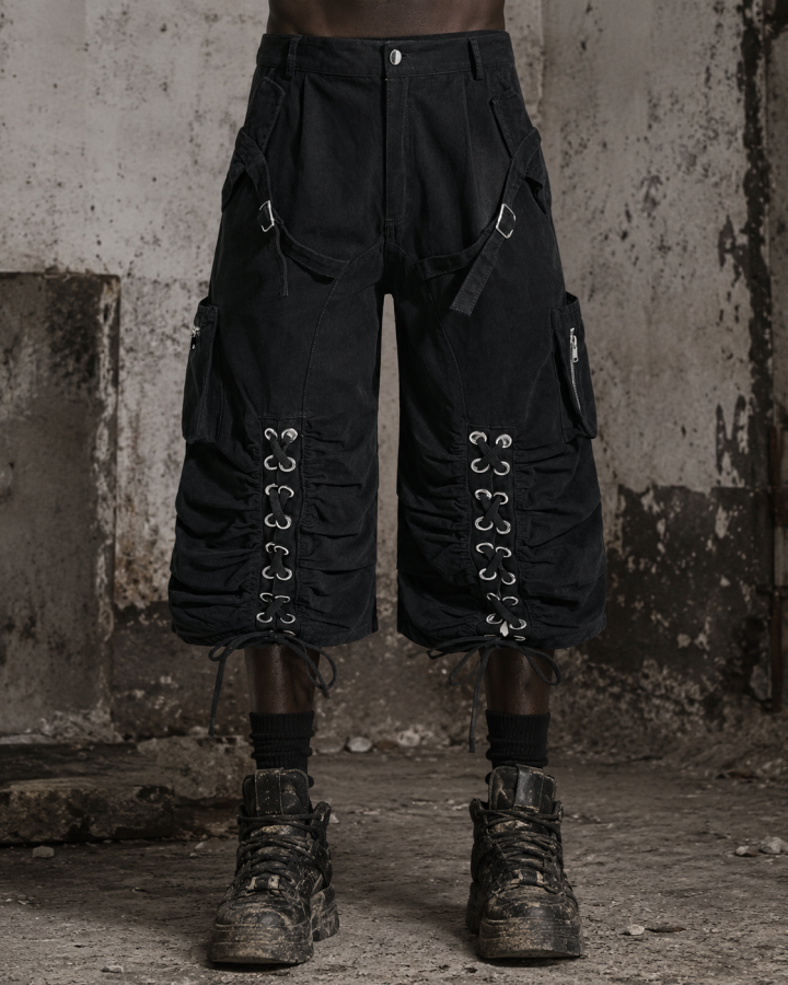 Distressed Cargo Wide-Leg Pants with Straps