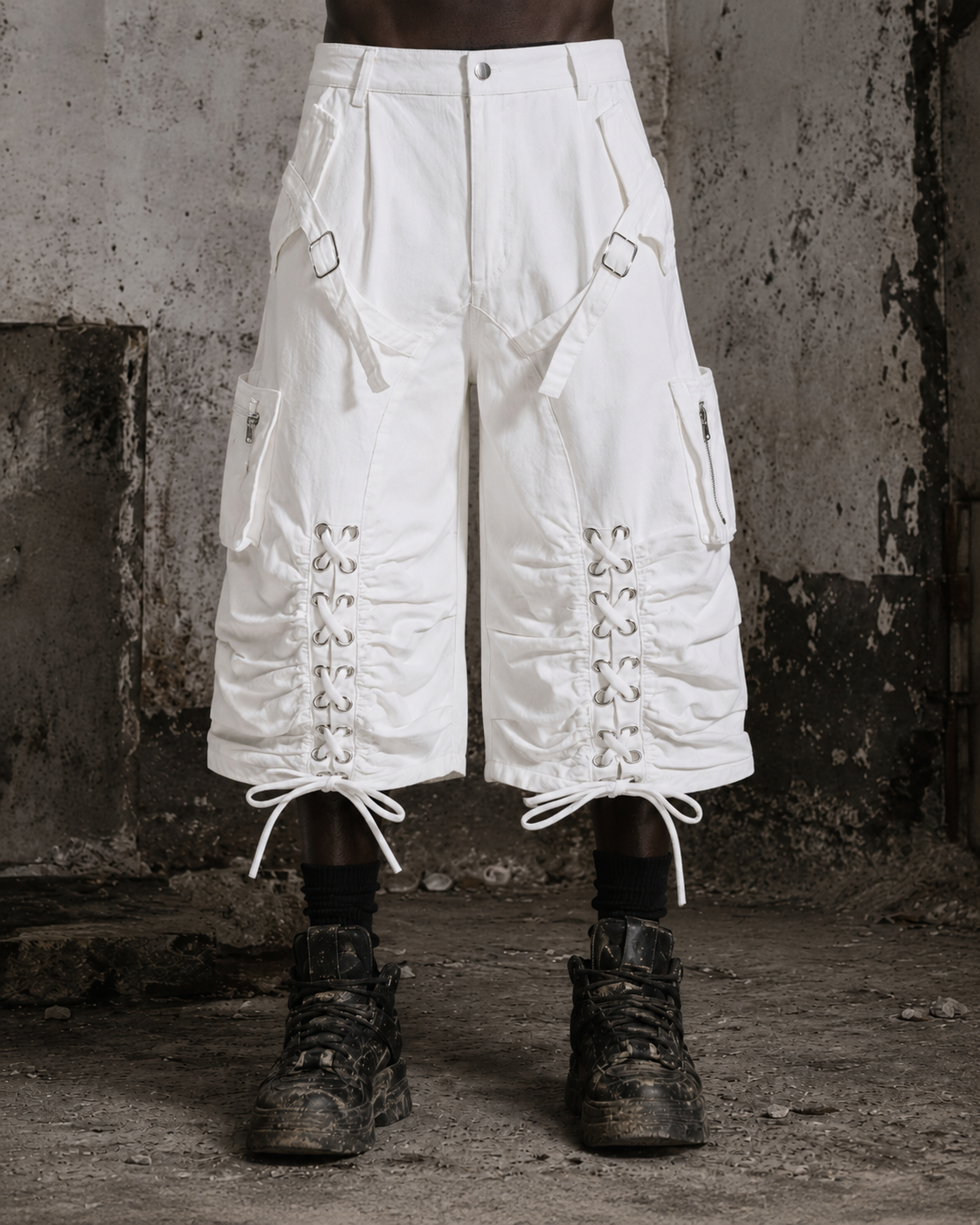 Distressed Cargo Wide-Leg Pants with Straps