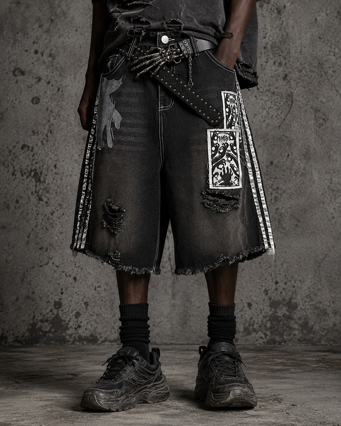 Distressed Gothic Graphic Denim Shorts（ Belt included )