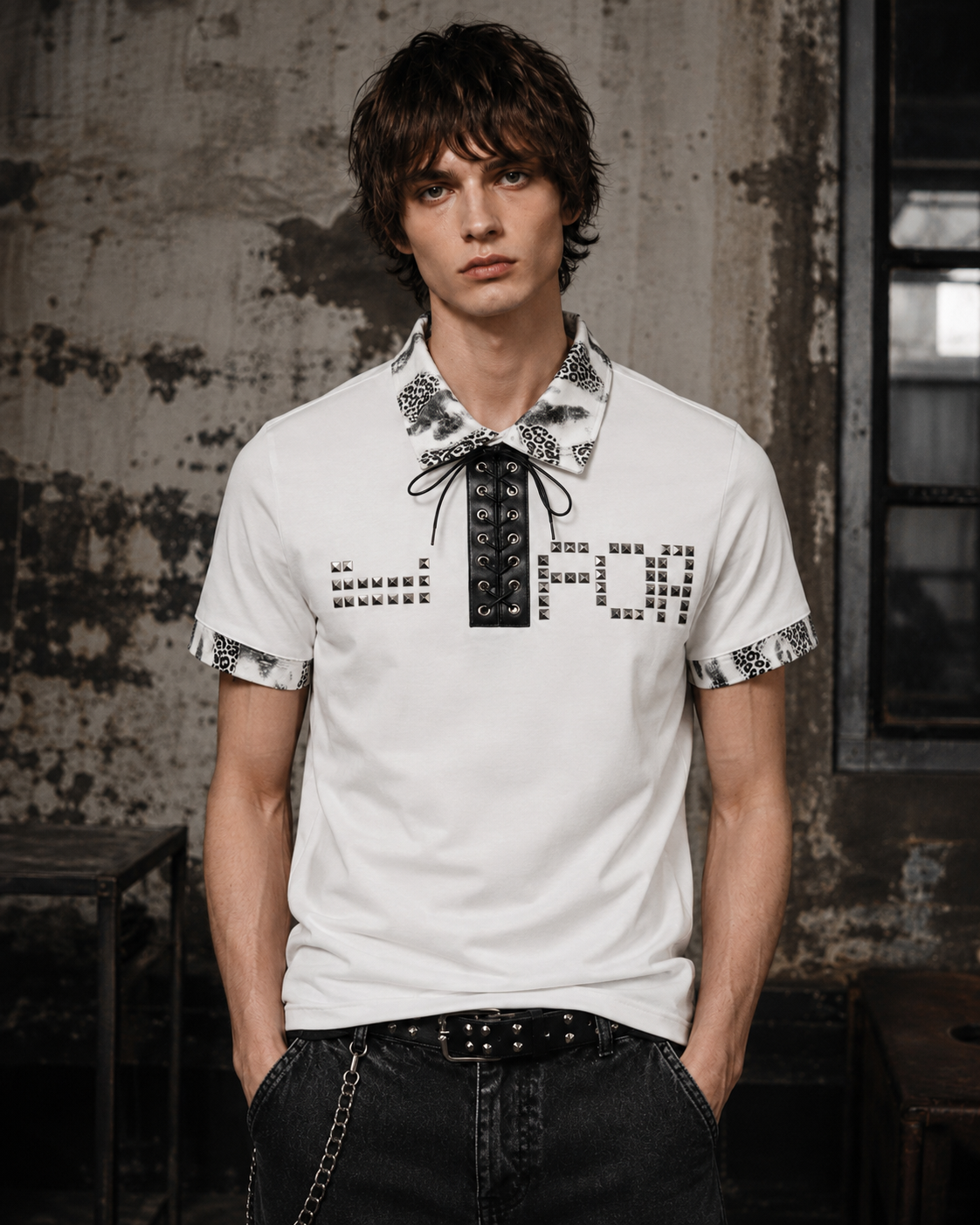 American Retro Leopard Print Metallic Stud Letter T-Shirt