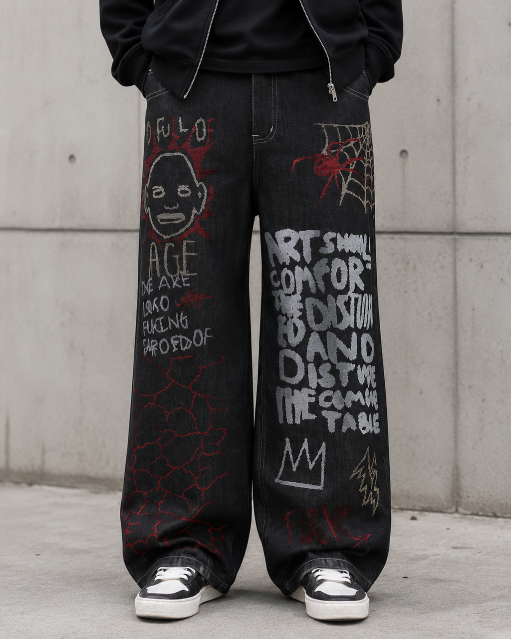 High Street Dark Style Graffiti Embroidered Jeans