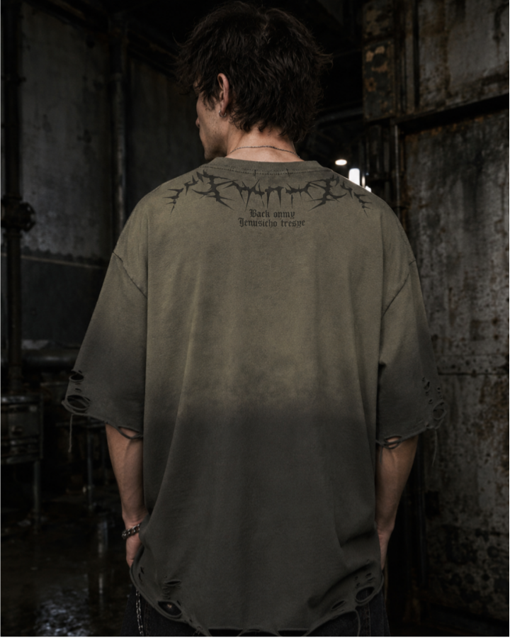 American-Style Distressed Washed Thorn Print Short-Sleeved T-Shirt