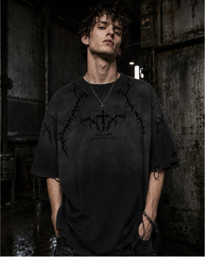 American-Style Distressed Washed Thorn Print Short-Sleeved T-Shirt
