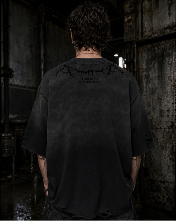American-Style Distressed Washed Thorn Print Short-Sleeved T-Shirt