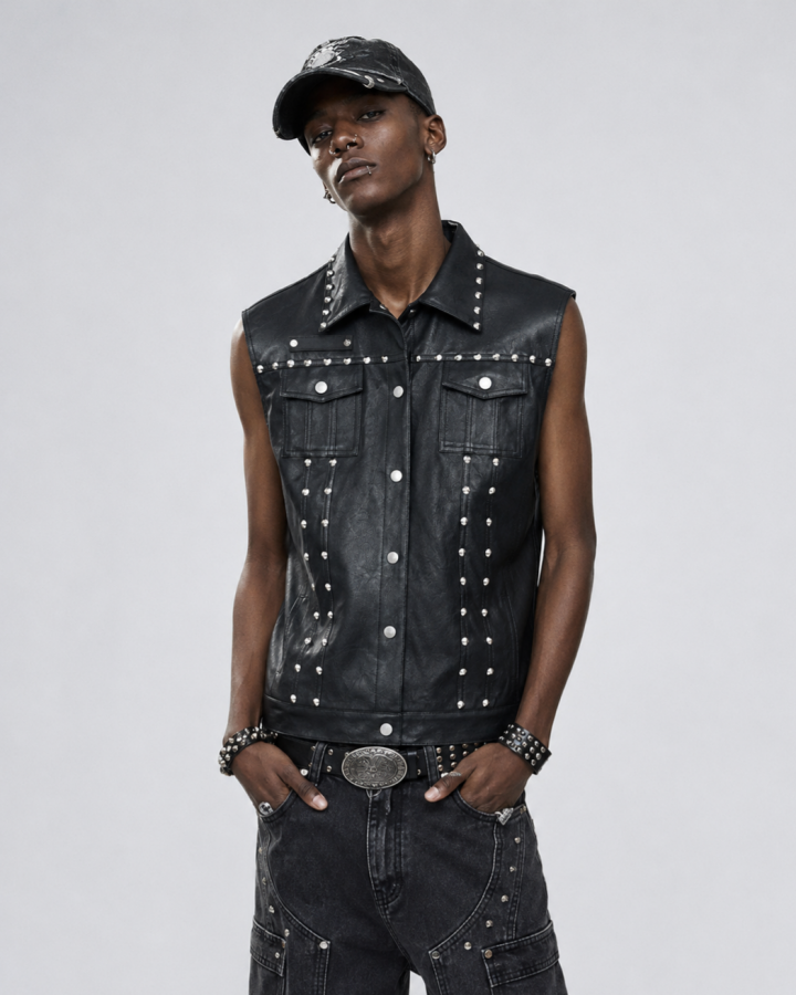 Collared Punk Vest With Rivets Motorbike Style