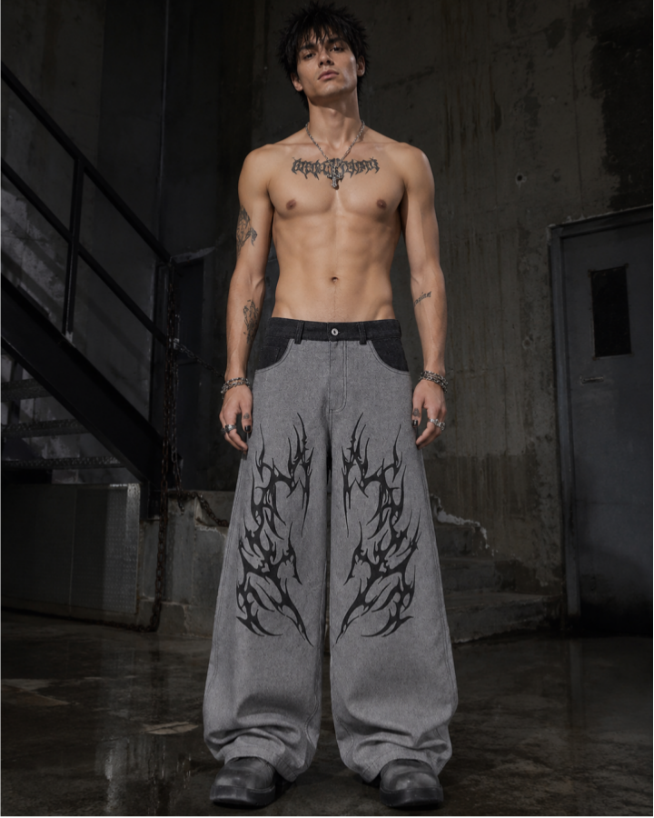 American Street Style Graphic Print Straight Leg Jeans