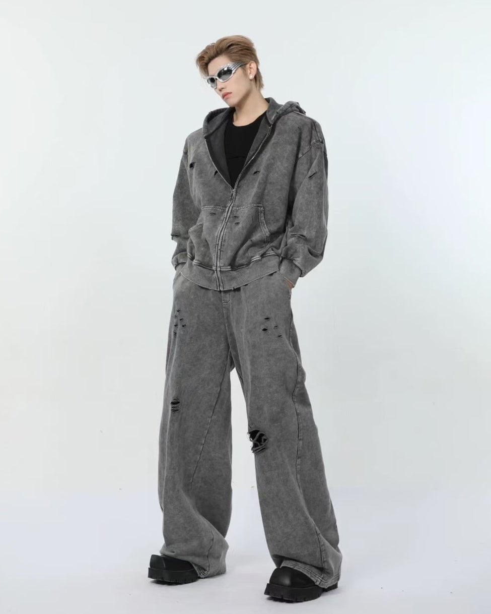 Distressed Washed Zip-Up Hoodie