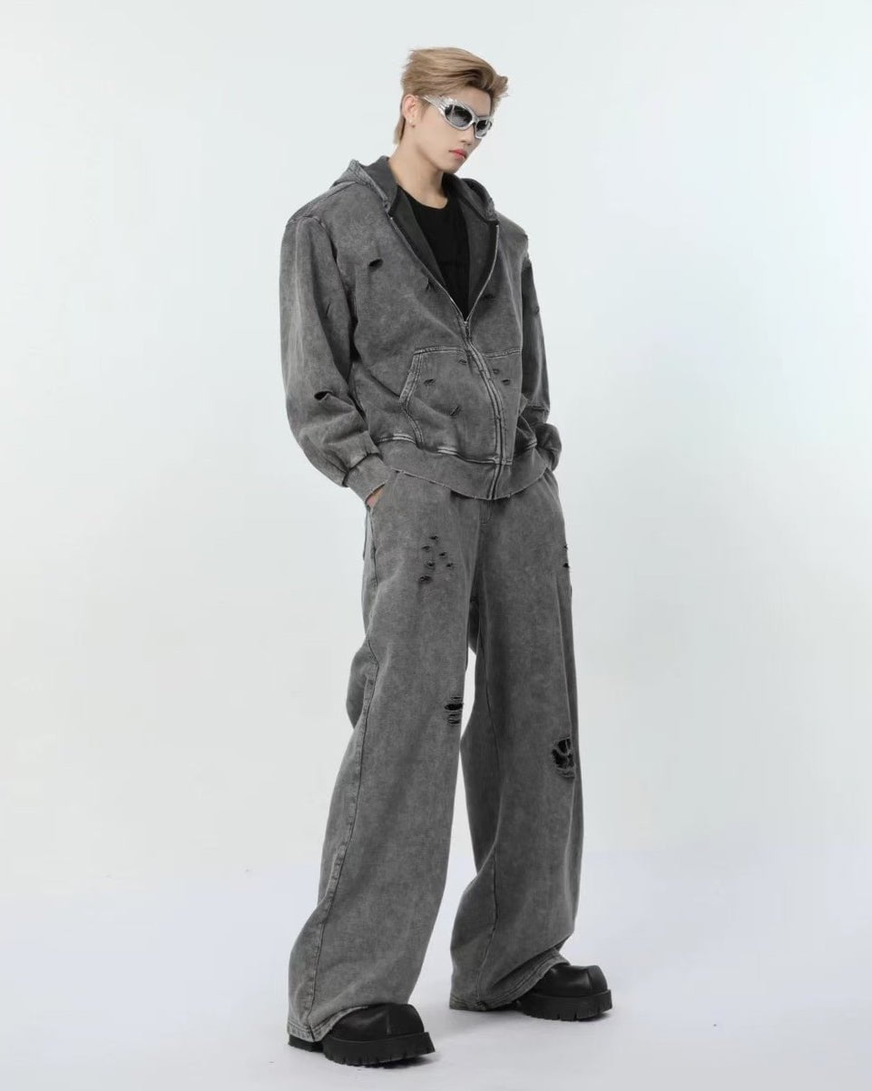 Distressed Washed Zip-Up Hoodie