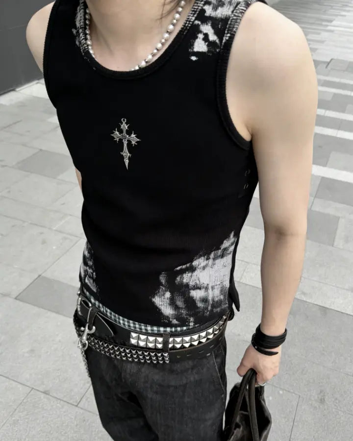 Vintage-Inspired Distressed Black Tank Top