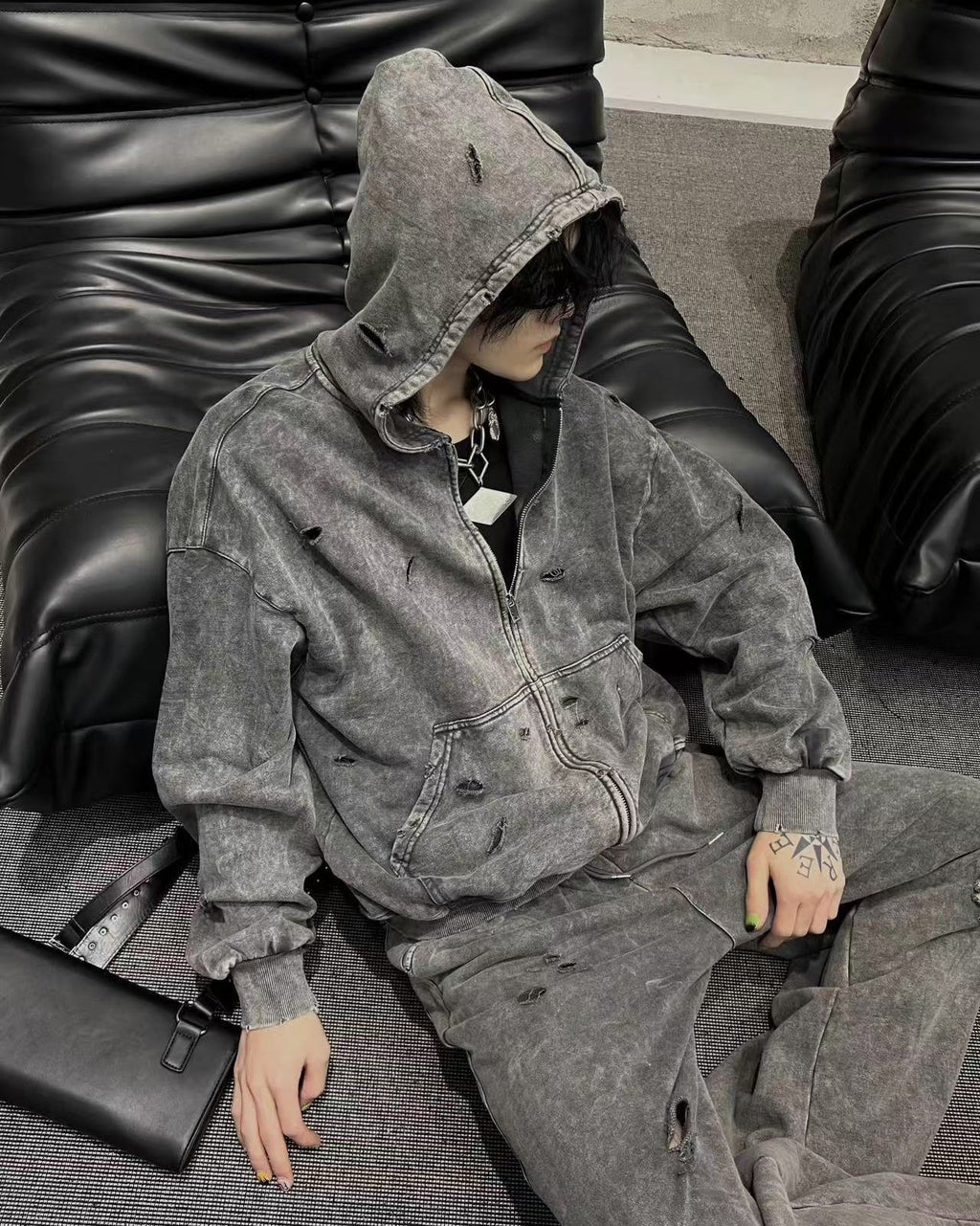Distressed Washed Zip-Up Hoodie