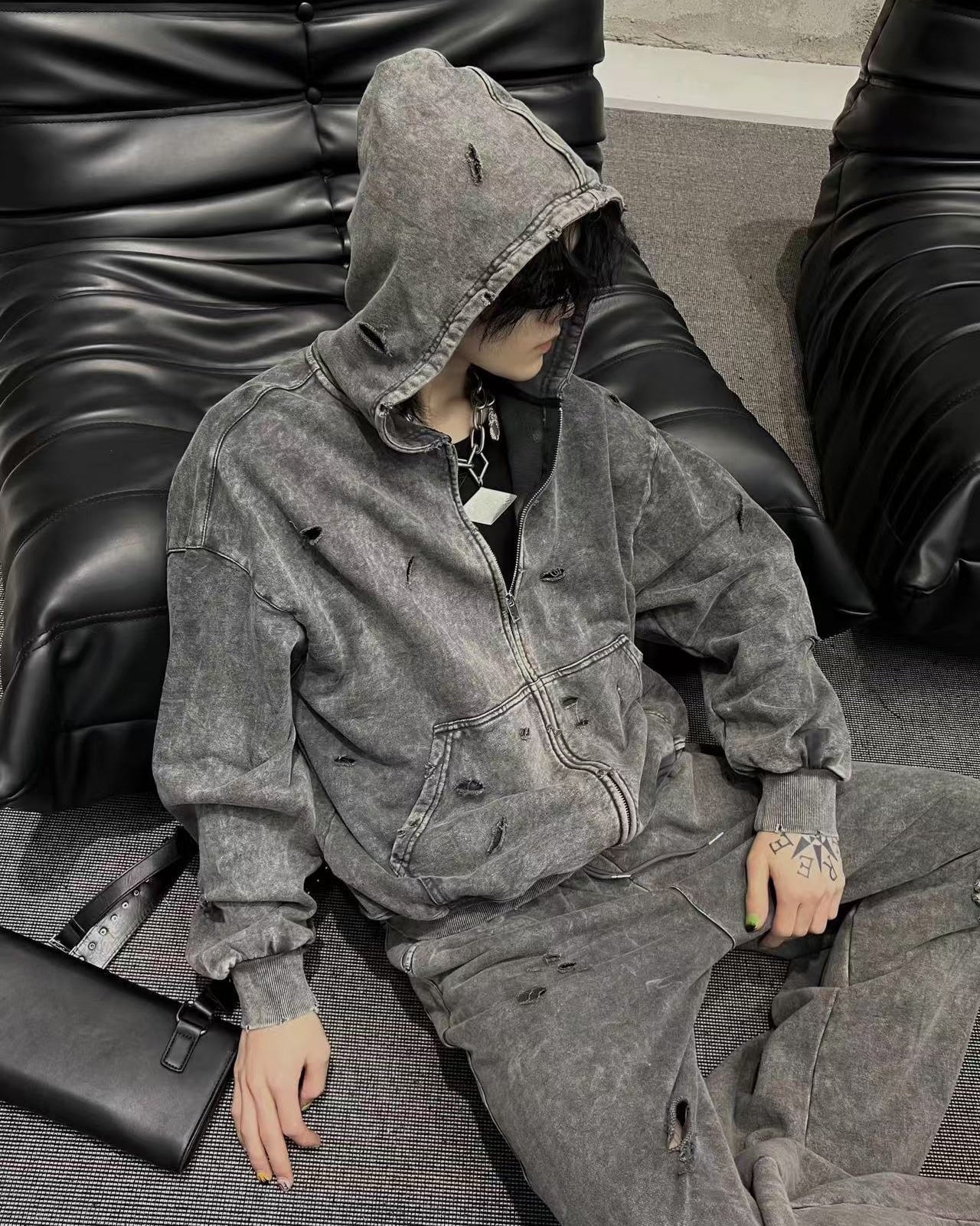 Distressed Washed Zip-Up Hoodie