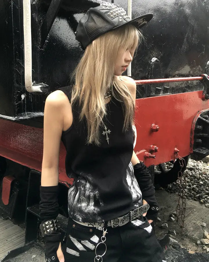 Vintage-Inspired Distressed Black Tank Top