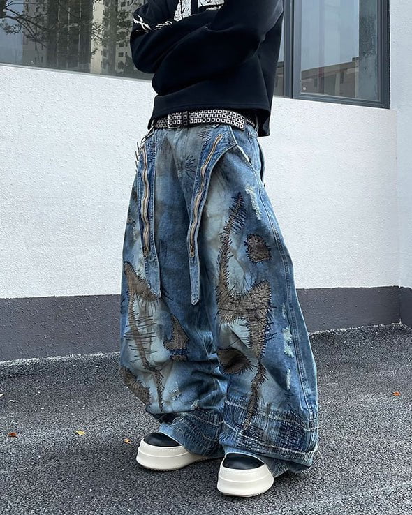 Heavy Stitch Patchwork Wide-Leg Jeans