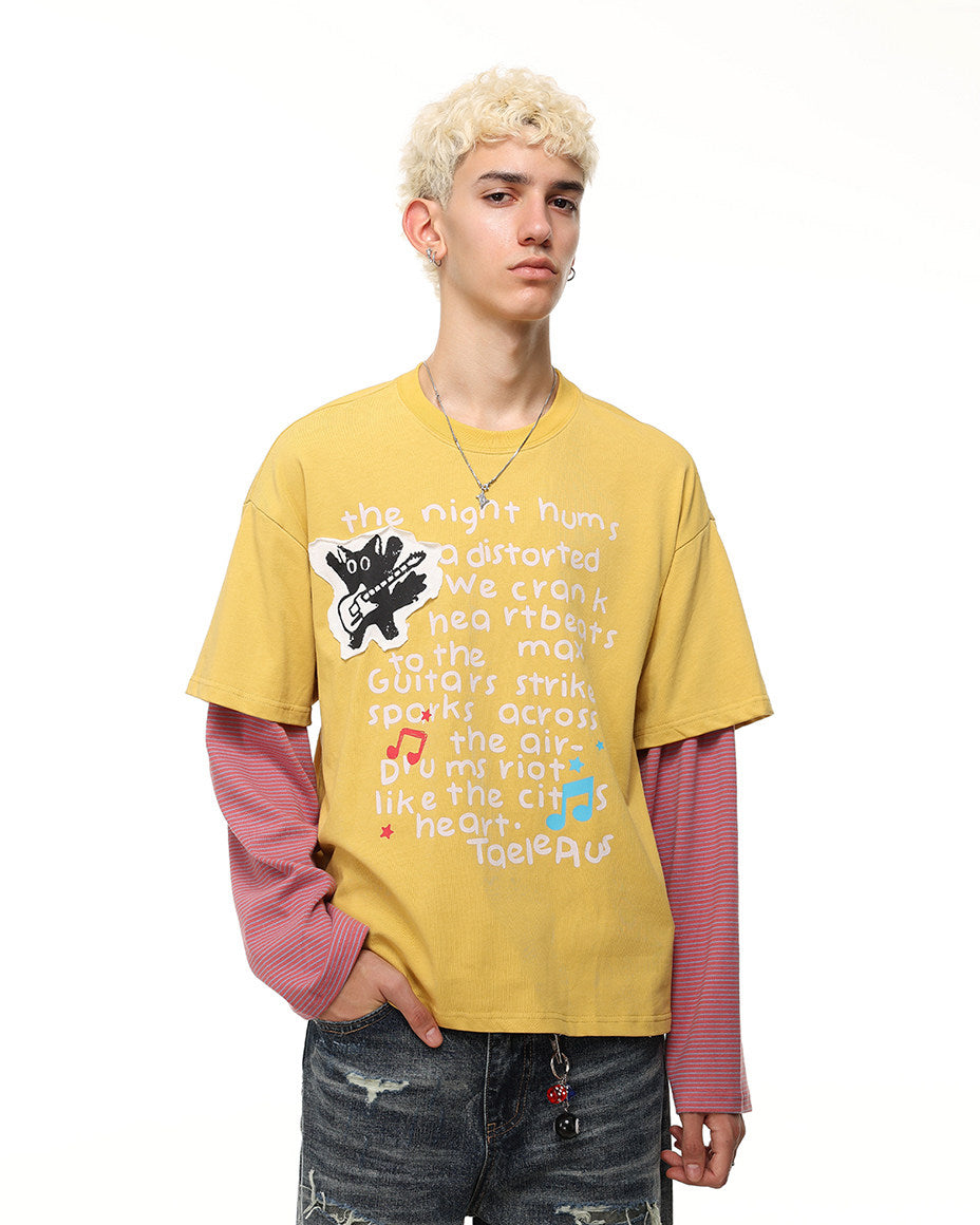 GRYFT Cat Letter Patchwork Layered Long Sleeve T-Shirt