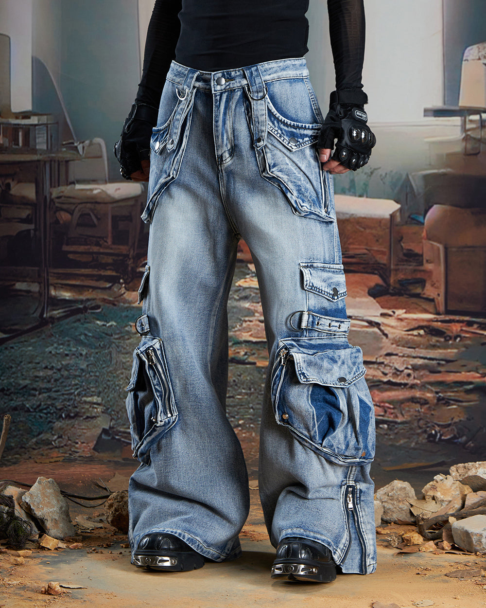 Vintage Streetwear Cargo Flared Jeans