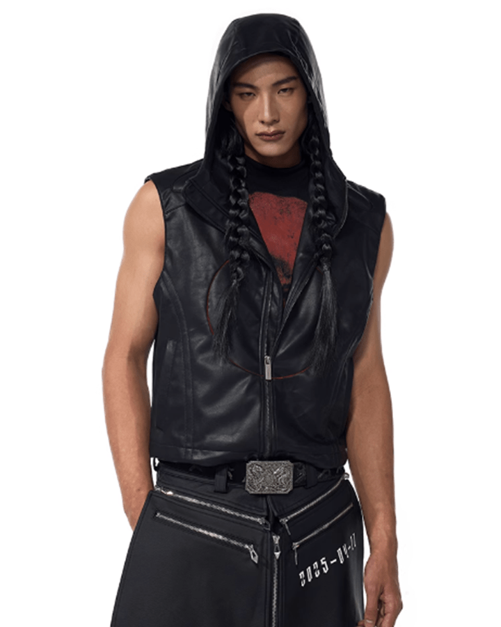 Hooded Faux Leather Sleeveless Vest with Tech Circle Detail