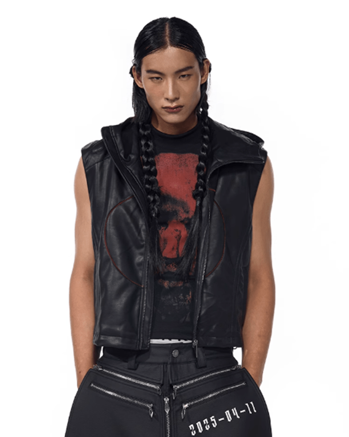 Hooded Faux Leather Sleeveless Vest with Tech Circle Detail