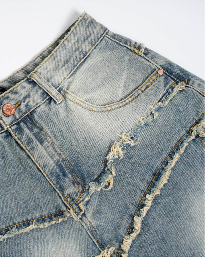 Distressed Wide-Leg Patchwork Jeans