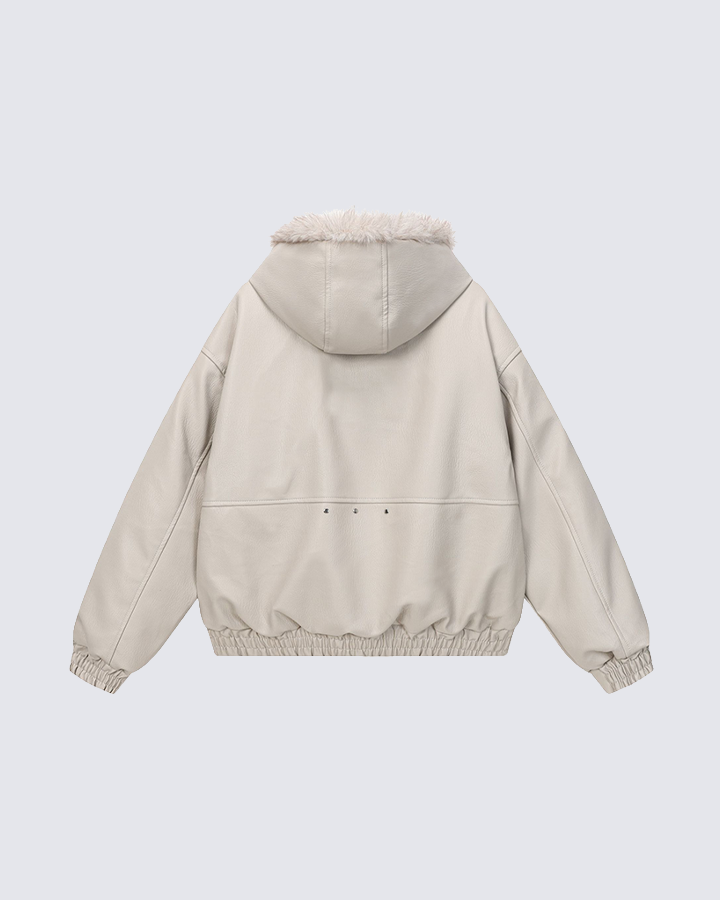 Faux Leather Hooded Jacket with Fur Trim