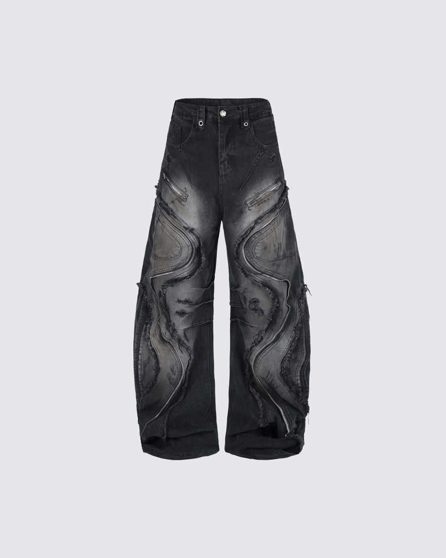 Dark Wavy Zipper Deconstructed Wide Denim Pants New