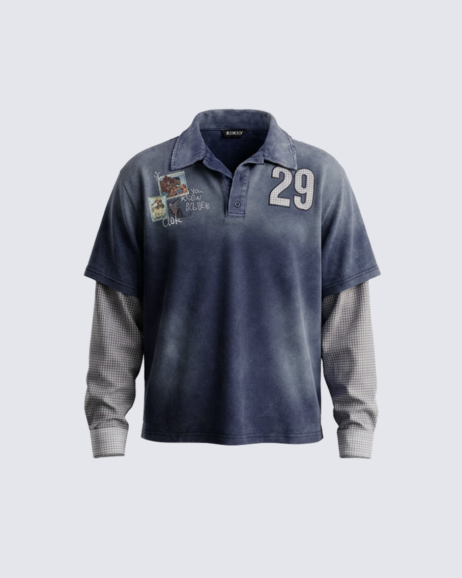GRYFT Washed Patchwork Polo Long Sleeve