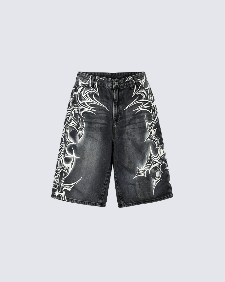 American Vintage Washed Tribal Print Denim Shorts
